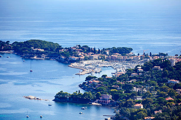 Cap Ferrat Peninsula, the home of many rich and wealthy inhabitants on the French Riviera.The resort and port of St Jean Cap Ferrat village is located on the peninsula. Good copy space.