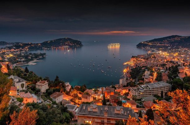 evening panorama on Villefranch sur Mer city and the bay